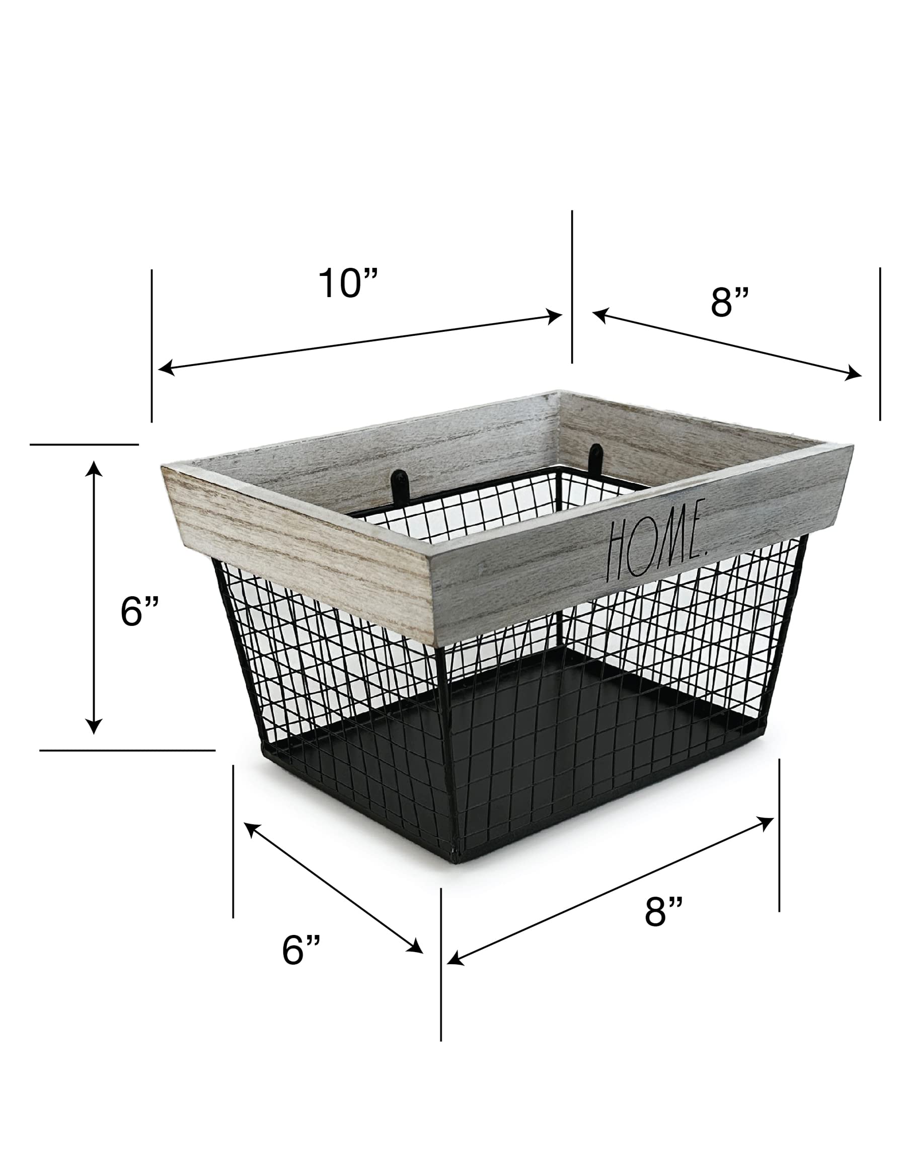 Rae Dunn Home Wire Storage Basket – Metal and Solid Wood Organizer – Black and White Wash Decorative Storage Bin – for Bedroom, Living Room, Closet and More