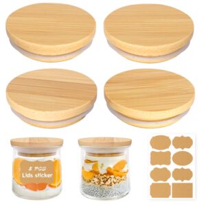 lamnhin oui yogurt jars lids: 4 pack of natural bamboo wooden lids with silicone seals and bottle labels for 5 oz oui yogurt jars