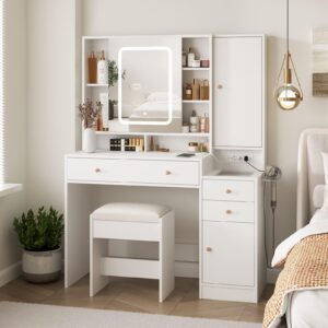 Vabches White Vanity Desk with Mirror and Lights, Vanity Table Makeup Vanity with Lights 3 Drawers and Cabinets, Charging Station & Sliding Door, Lots Storage Shelves