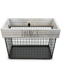 rae dunn things wire storage basket – metal and solid white wash wood organizer – decorative storage bin – home & office organizers for desk, bedroom, living room, closet and more