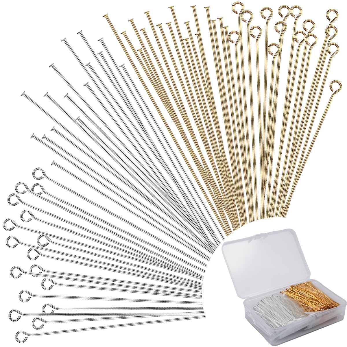 600 Pieces 2 Inch Flat Head Pins Eye Pins for Jewelry Making DIY, Straight Head Eye Pins Gold and Sliver Jewelry Making Pin Metal End Headpins for Craft Earring Bracelet Necklace Pendant Supplies