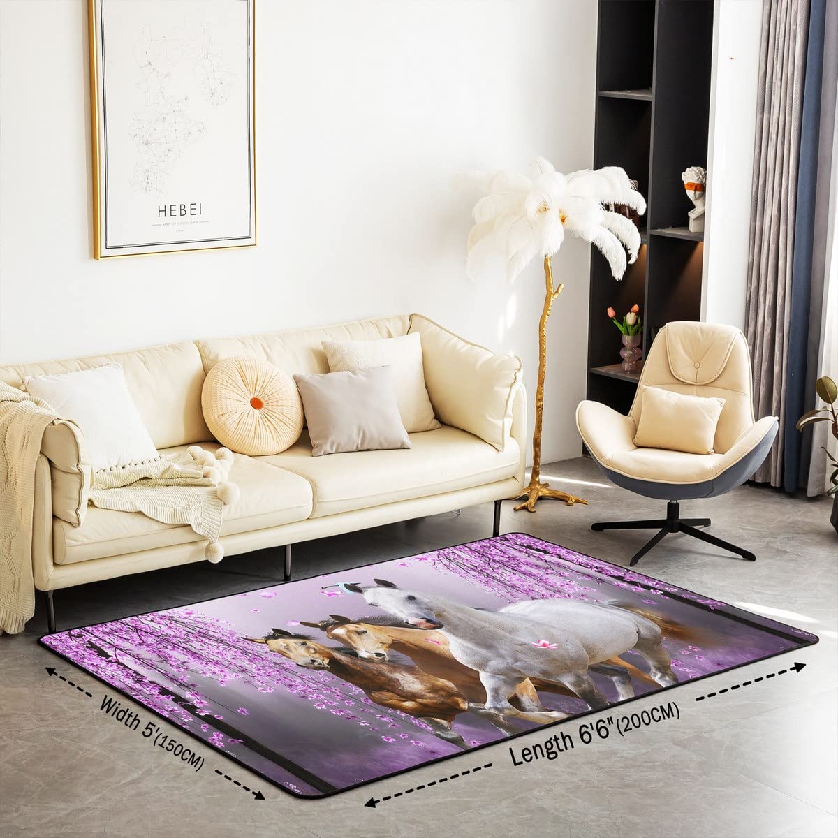 Horse Area Rug 3x5 Galloping Horse Rugs Mat for Living Room Bedroom Cherry Blossoms Decor Carpet Non Slip Area Runner Rug