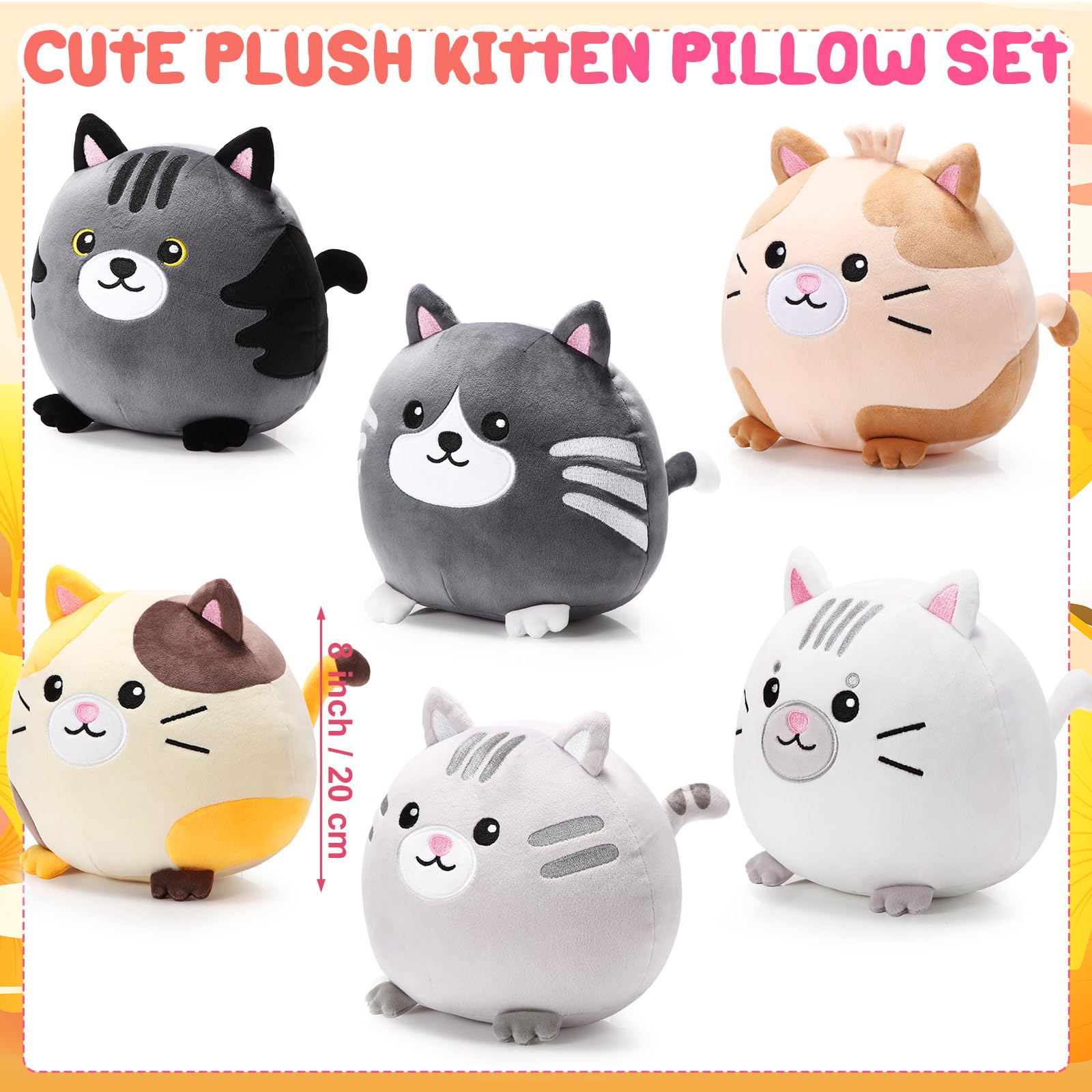 Lenwen 6 Pcs Christmas Decor Gifts Cat Plush Pillows 8 Inch Cute Kitten Stuffed Animals Bulk Soft Adorable Round Cat Throw Pillow Kitten Plush Pillows for Kids Christmas Birthday Gift Party Bedroom