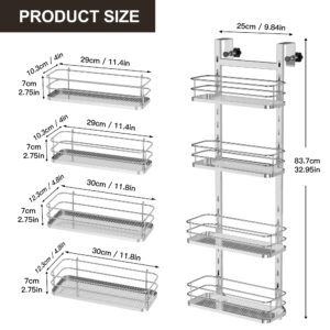 Orimade Adjustable Hanging Over the Shower Door Caddy,Bathroom Organizer Shelf Storage with 4 Hooks for Razor,No Drilling Rustproof Shower Rack Basket, 4 Tier, Silver