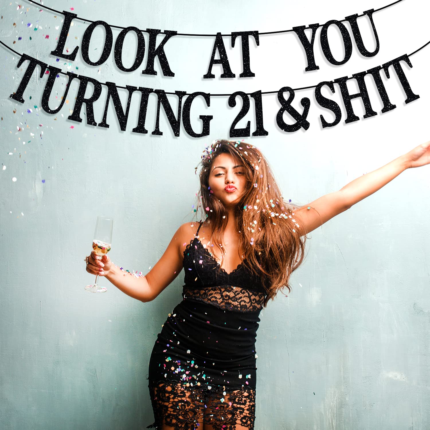 Black Glitter Look At You Turning 21 & Sh*t Banner, Rip Fake ID/21 & Legal/Happy 21st Birthday/Cheers to 21 Years, Funny 21st Birthday Party Decorations