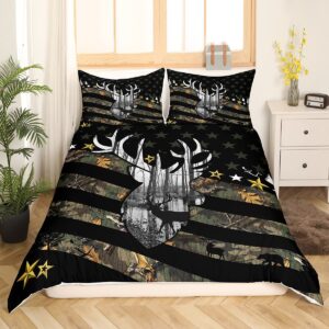 Erosebridal Camouflage Queen Duvet Cover, American Flag Themed Bedding Set for Boys Men, Reindeer Elk Deer Hunting Comforter Cover, Camo Military Green Queen Bed Set Hunter Wild Animal Decor Black