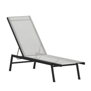 EMMA + OLIVER Braelin Adjustable Patio Chaise Lounge - Gray Textilene Seat - Armless Design - 5 Recline Positions - Metal Frame - All-Weather