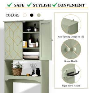 AZODY Over The Toilet Storage Cabinet with Gold Trim, Modern Bathroom Organizer Over Toilet with Adjustable Shelves and Toilet Paper Holder for Bathroom (Green)