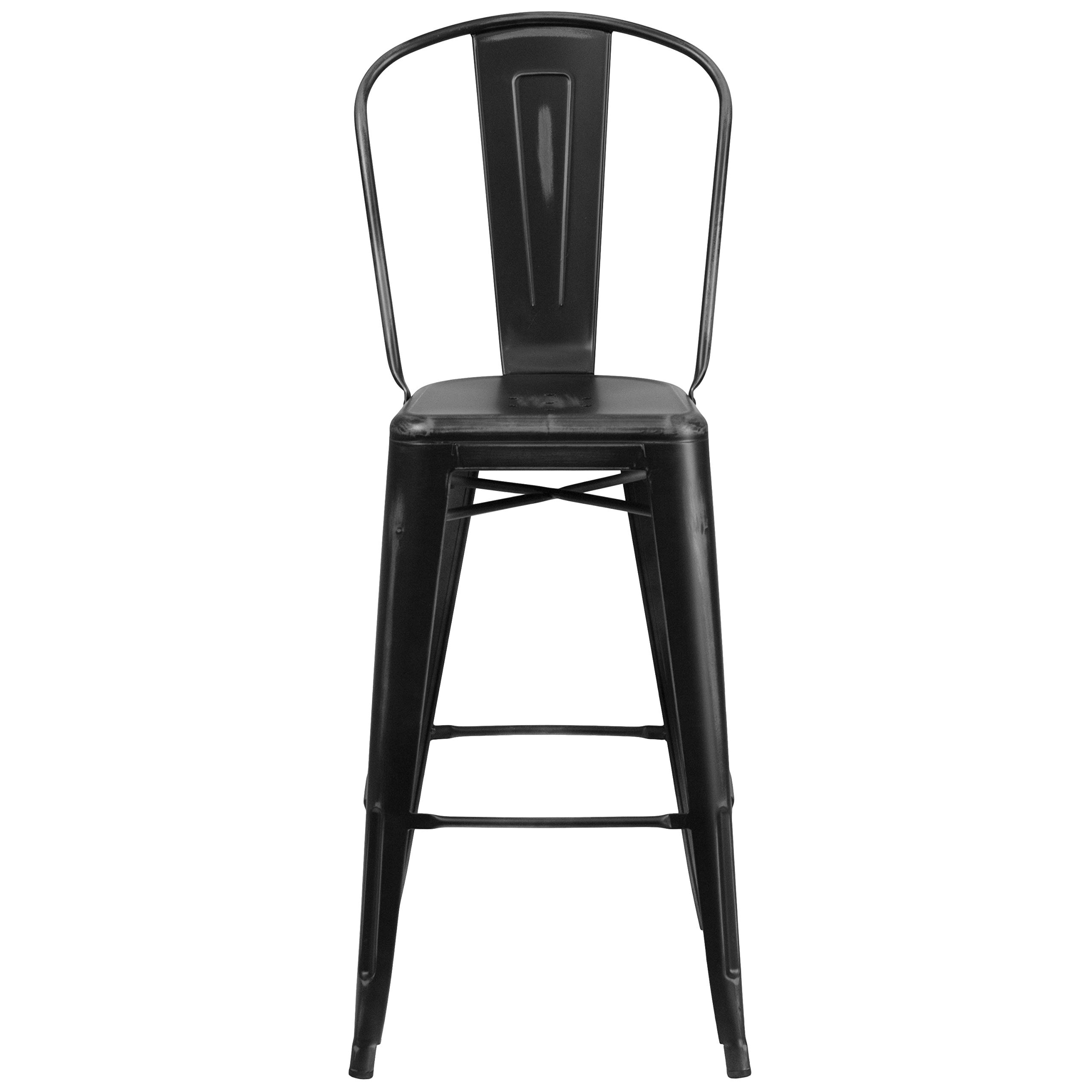 EMMA + OLIVER 4 Pack 30" High Distressed Black Metal Indoor-Outdoor Barstool with Back