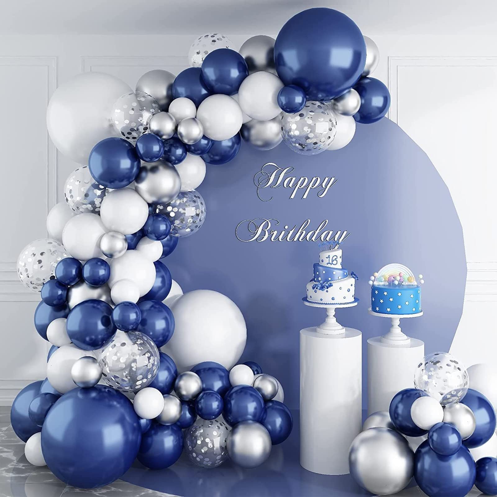 CANREVEL 127pcs Navy Blue Silver Balloons Garland Kit White Silver Confetti Balloons Arch Kit for Birthday Party Baby Shower Wedding Graduation Prom Decorations