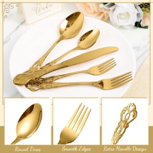 Dandat 60 Pcs Retro Royal Silverware Set Service for 12, Stainless Steel Flatware Set Tableware Cutlery Utensils Set Include Spoon Fork Knife Set for Home Restaurant Kitchen Wedding(Gold, 60 Pcs)