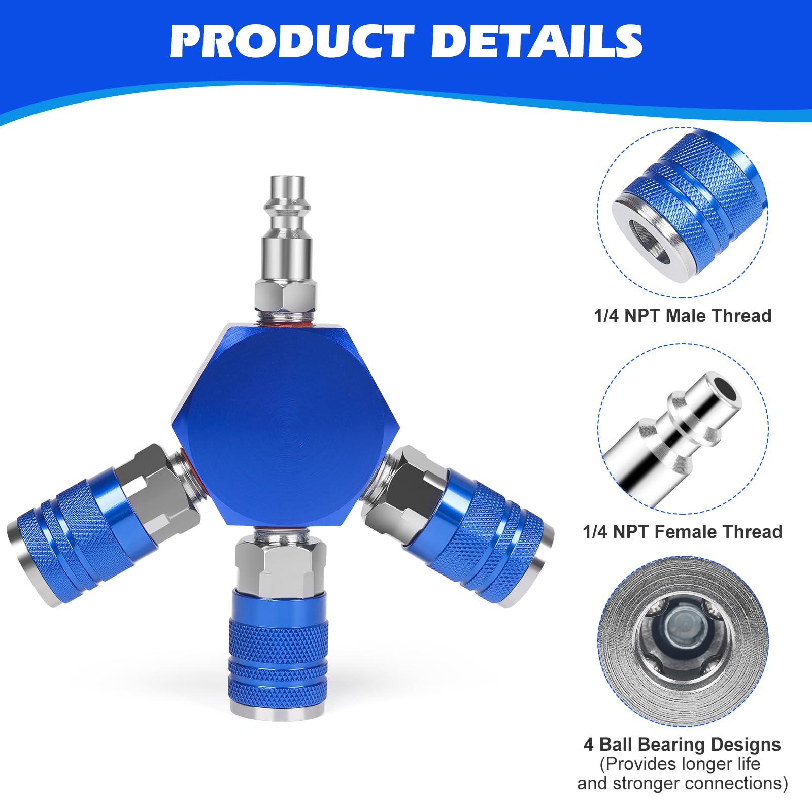 Milosline Connect Fittings Air Splitter, 1/4 Inch NPT 3-Way Air Manifold With 3 Pieces Industrial Quick 1/4NPT Couplers And Plug, Hex Style Air Compressor Hose Accessories Quick Connect Fittings