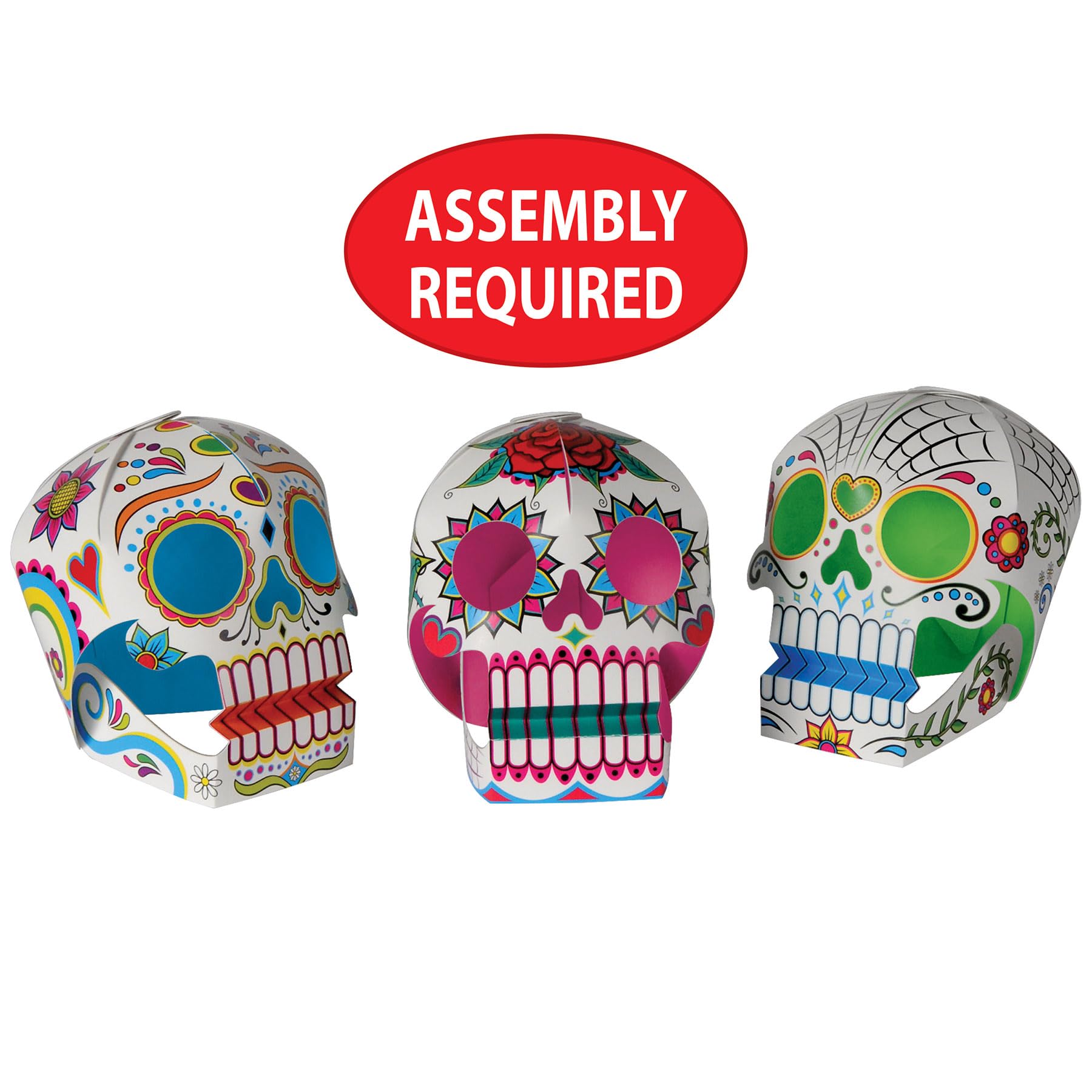 Beistle 6 Piece Three Dimensional Sugar Skull Day of The Dead Centerpieces Eye-Catching Dia De Los Muertos Party Decorations, Made in USA Since 1900, 5" x 4.5", Multicolor