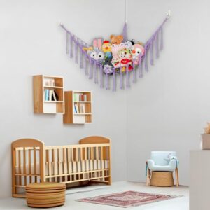 Boho Stuffed Animals Net or Hammock Large,55 inch Toy Hammock Macrame Stuff Animal Storage Corner Hanging Net Holder,Mesh Hammock Plush Toy Organizer with Hooks for Bedroom,Nursery (Purple)