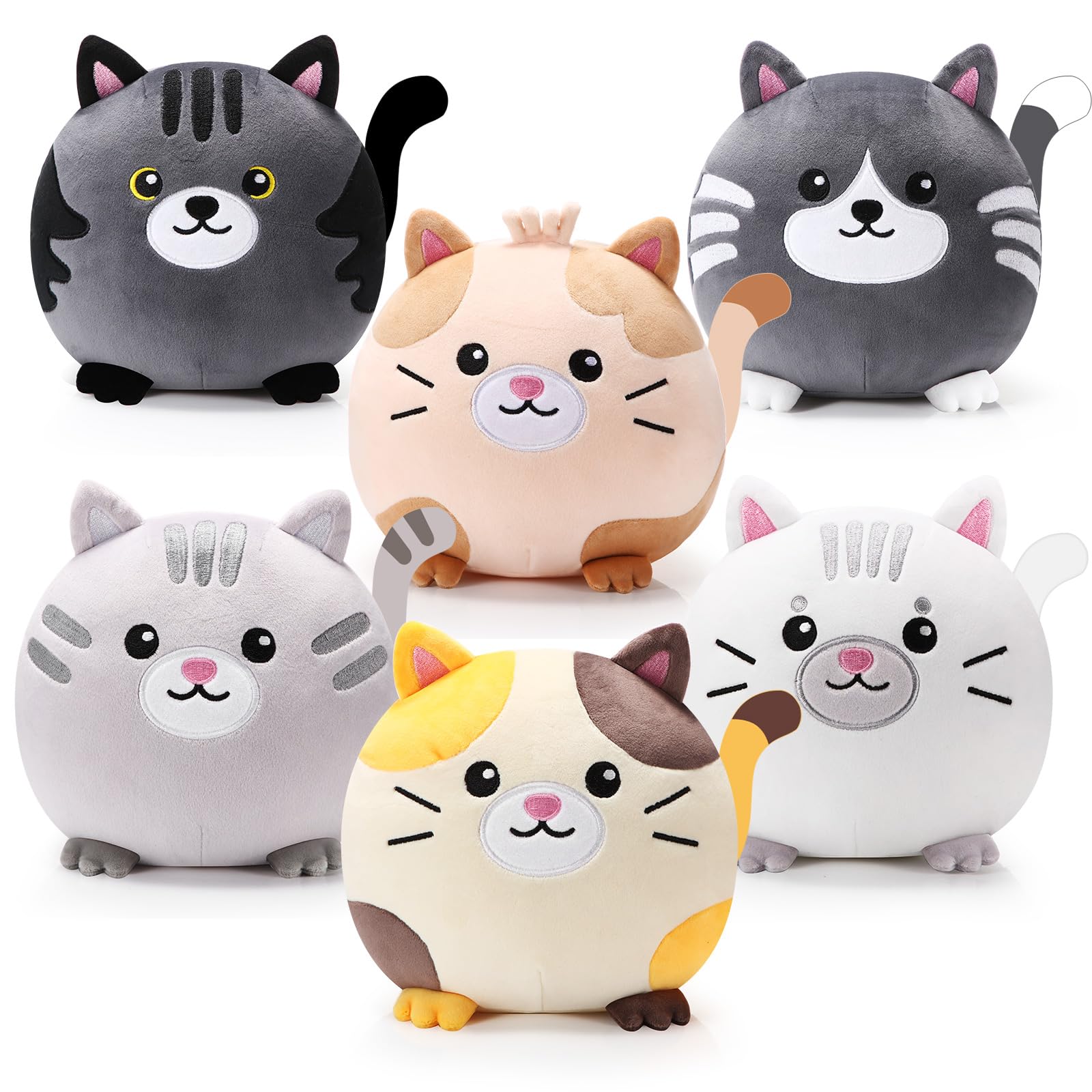 Lenwen 6 Pcs Christmas Decor Gifts Cat Plush Pillows 8 Inch Cute Kitten Stuffed Animals Bulk Soft Adorable Round Cat Throw Pillow Kitten Plush Pillows for Kids Christmas Birthday Gift Party Bedroom