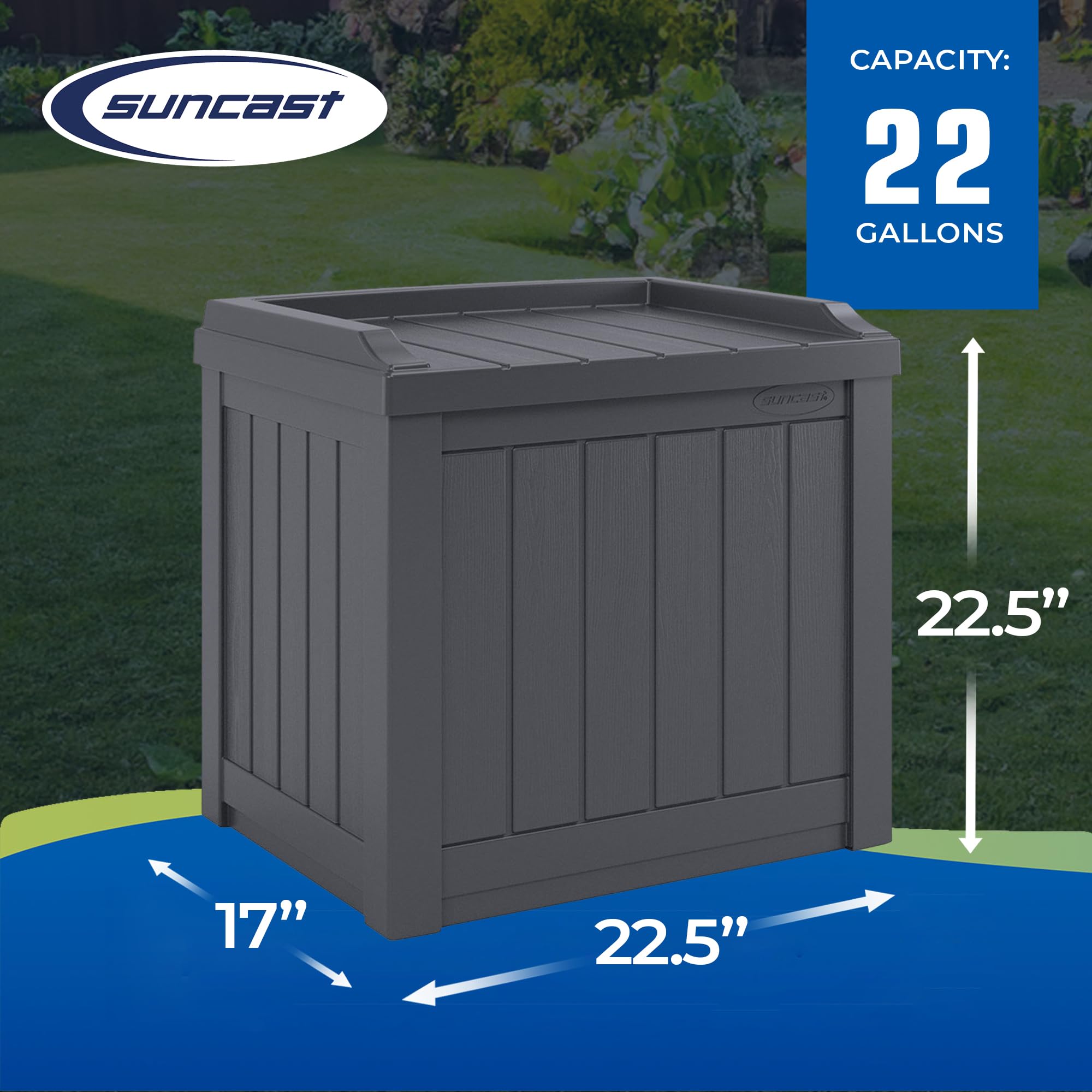 Suncast 22-Gallon Indoor or Outdoor Backyard Patio Small Storage Deck Box with Attractive Bench Seat and Reinforced Lid, Cyberspace (3 Pack)