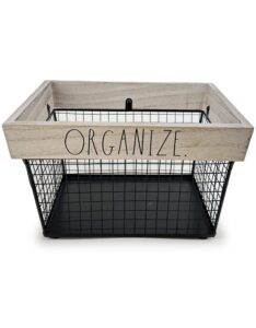 rae dunn organize wire storage basket – metal and light wood organizer – decorative storage bin – home & office organizers for desk, bedroom, living room, closet and more white wash /inorganize/in