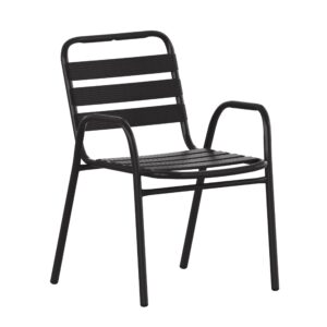 EMMA + OLIVER Jens Stacking Metal Dining Chair - Indoor/Outdoor Dining Chair with Triple Slat Back and Armrests - Dry Assist Slats - Black