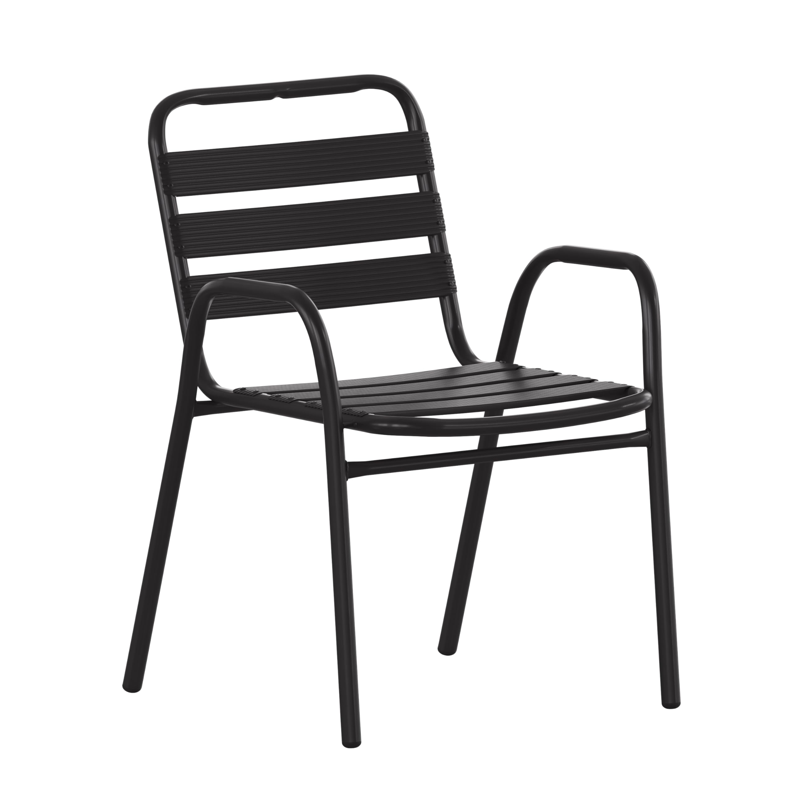 EMMA + OLIVER Jens Stacking Metal Dining Chair - Indoor/Outdoor Dining Chair with Triple Slat Back and Armrests - Dry Assist Slats - Black