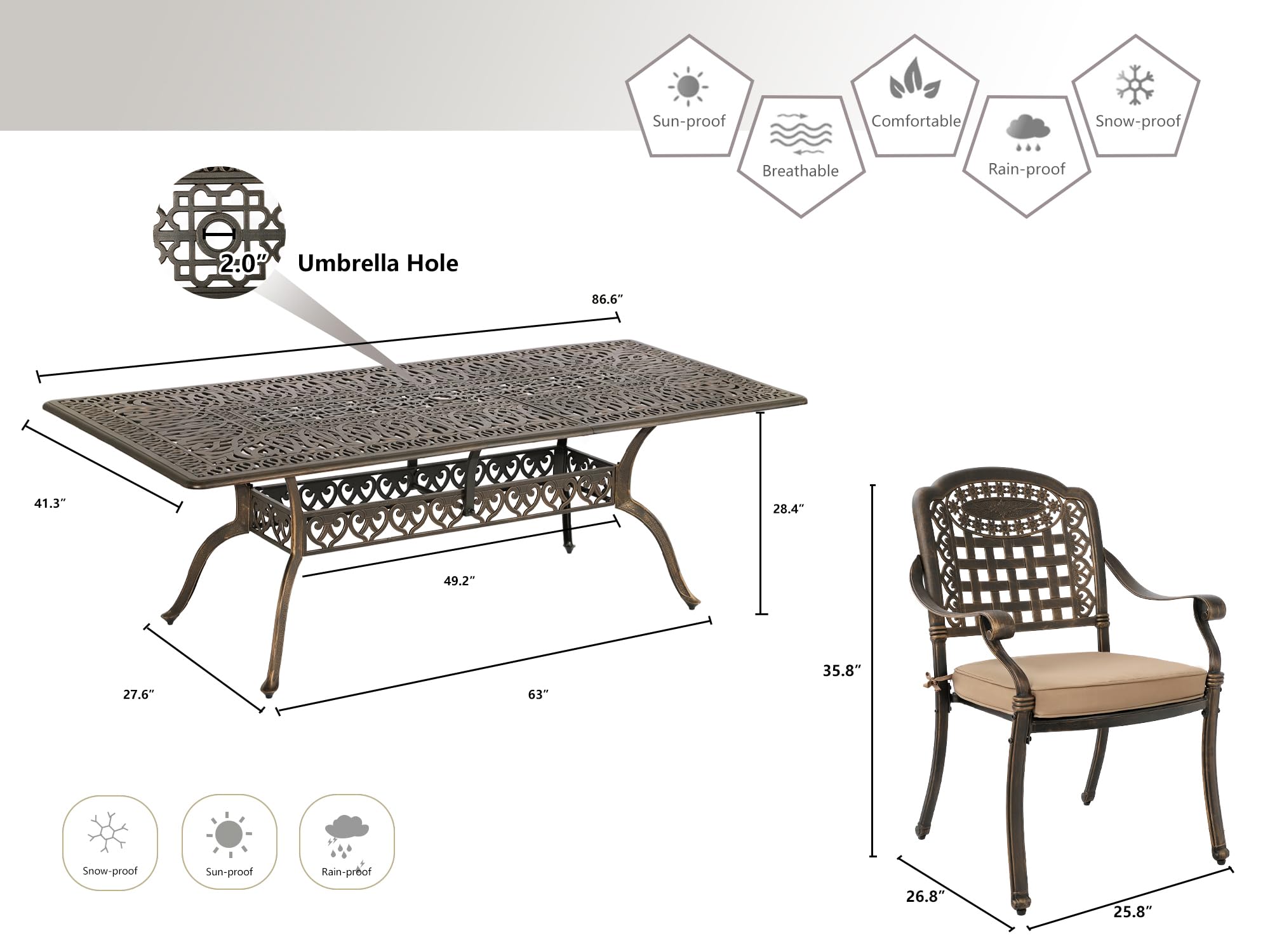 Grepatio 9 Piece Cast Aluminum Patio Furniture Set Outdoor Dining Set Bistro Furniture Set with 8 Armchairs and Dining Table, 8 Cushions for Backyard Garden Poolside (8 Grid Chairs)