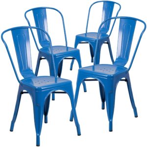 EMMA + OLIVER 4 Pack Blue Metal Indoor-Outdoor Stackable Chair - Restaurant Chair - Bistro Chair