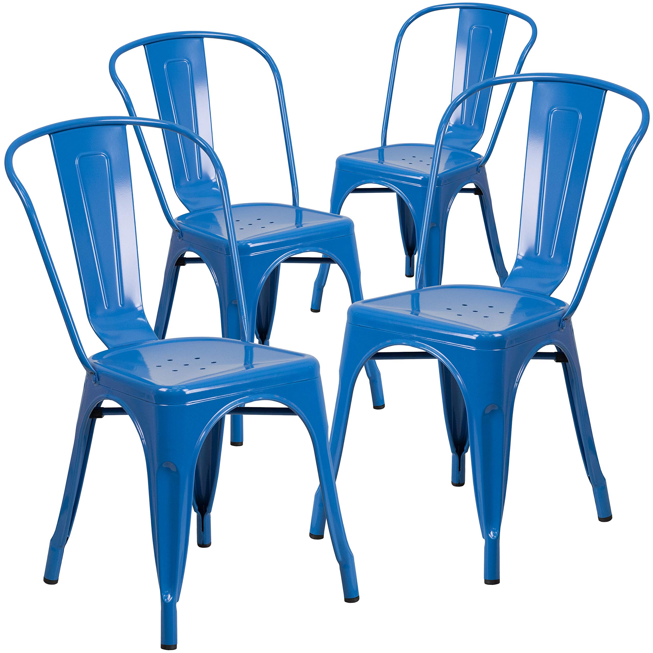 EMMA + OLIVER 4 Pack Blue Metal Indoor-Outdoor Stackable Chair - Restaurant Chair - Bistro Chair