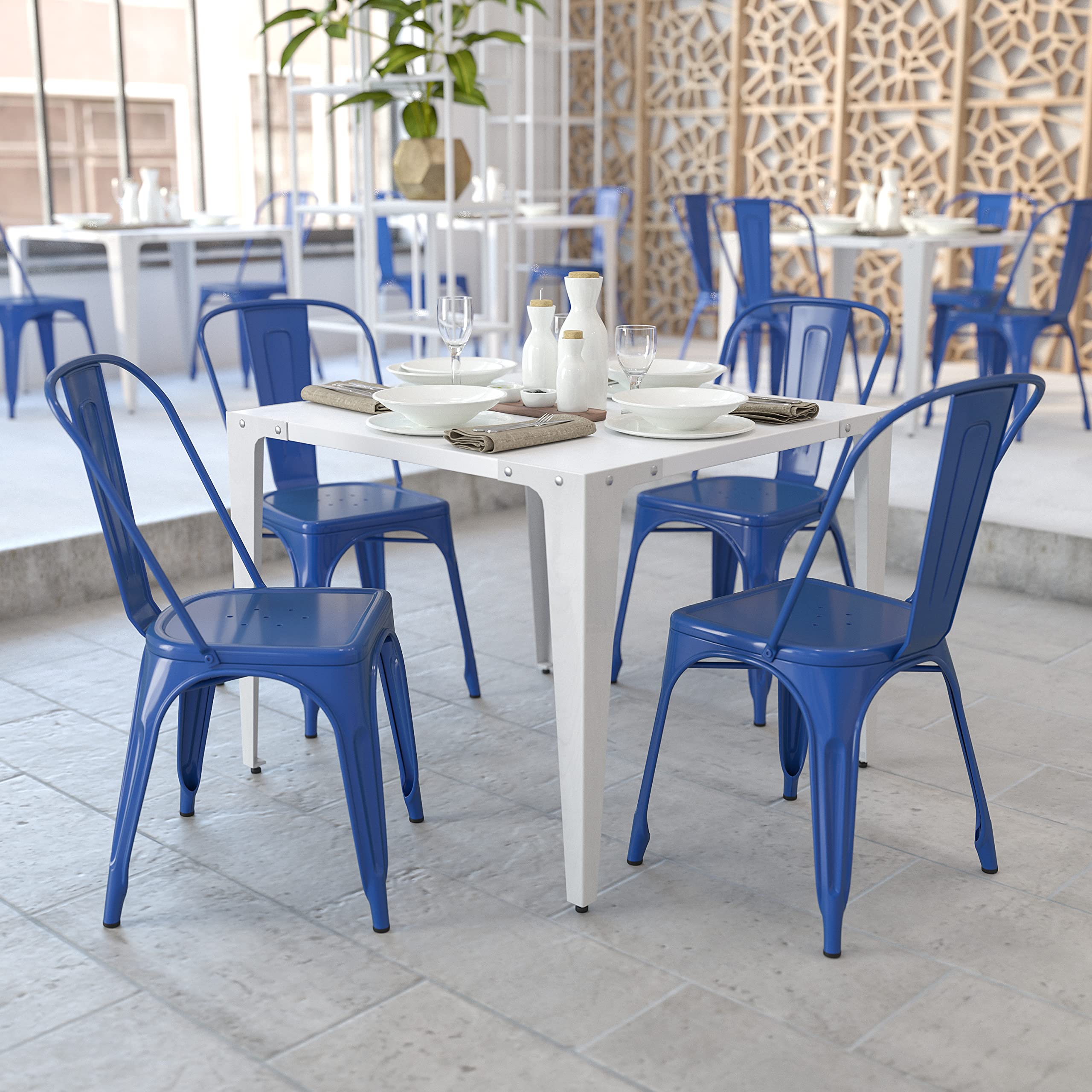 EMMA + OLIVER 4 Pack Blue Metal Indoor-Outdoor Stackable Chair - Restaurant Chair - Bistro Chair