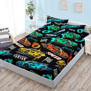 hosima child's cartoon sports car fitted sheet 3piece set with 2 pillowcases,racing car bedding for boys and girls,fast and furious extreme sport games fitted sheet,black twin fitted sheet set.