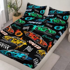 HOSIMA Child's Cartoon Sports Car Fitted Sheet 3Piece Set with 2 Pillowcases,Racing Car Bedding for Boys and Girls,Fast and Furious Extreme Sport Games Fitted Sheet,Black Twin Fitted Sheet Set.