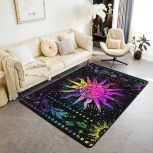 erosebridal boho sun moon area rug 3x5,rainbow tie dye rug for bedroom,colorful psychedelic galaxy carpet for bedroom,starry night trippy celestial constellation indoor floor mat non slip