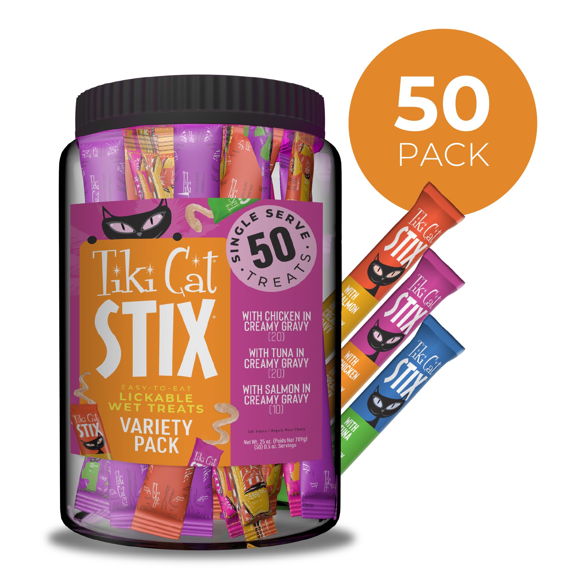 Tiki Cat Stix Mousse Treats, Variety Mega Jar, Single Serve Indulgent Lickable Treat or Dry Food Topper, 50 Count, 25 oz. (0.5 oz./Stick)