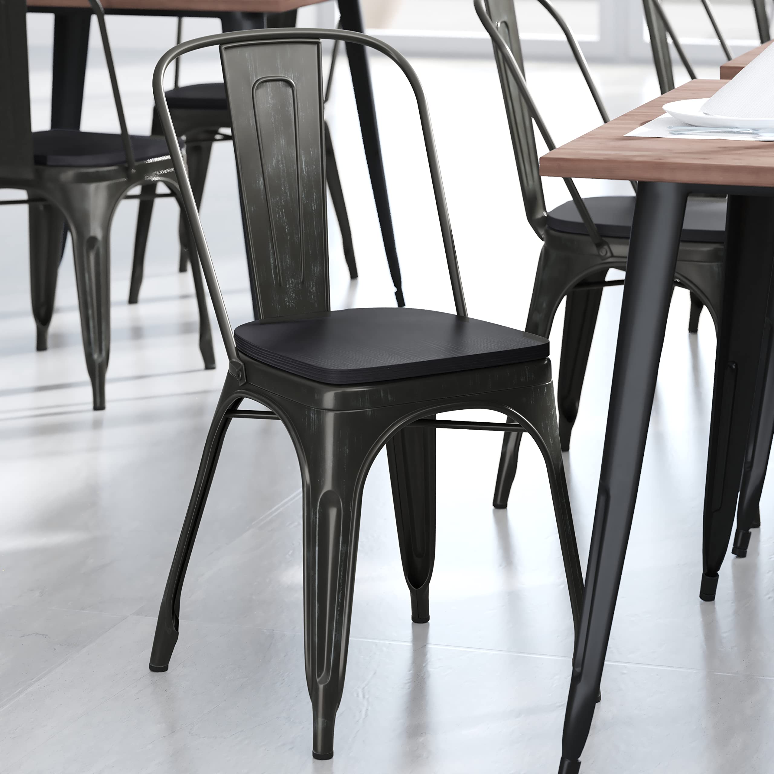 EMMA + OLIVER Perth Stacking Dining Chair - Antique Black Galvanized Steel Frame - Black Polyresin Seat - for Indoor/Outdoor Use