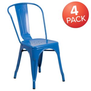 EMMA + OLIVER 4 Pack Blue Metal Indoor-Outdoor Stackable Chair - Restaurant Chair - Bistro Chair