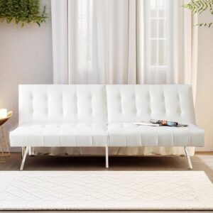 naomi home tufted split back futon sofa bed, faux leather couch bed, futon convertible sofa bed with chrome legs, folding, reclining small convertible couch, futon couches for living room white