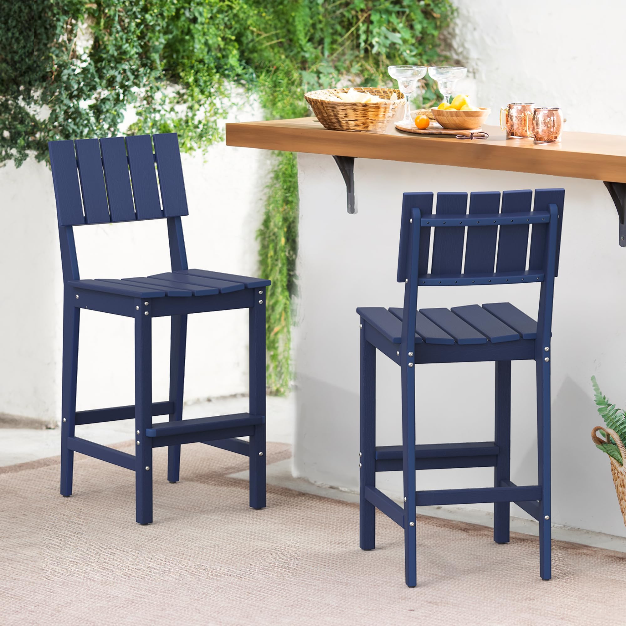 Homenjoy Patio Bar Stools Set of 2, HDPE Weather Resistant Tall Adirondack Chair, Heavy Duty Bar Height Adirondack Chairs with Footrest, 27.8 inch High Balcony Chair for Deck Pool, Navy