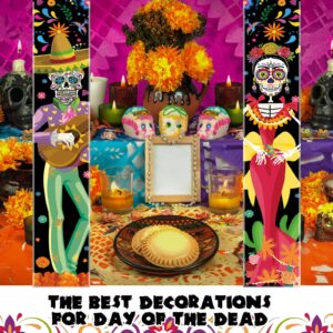 Preboun 3 Pcs Lighted Day of The Dead Porch Sign LED Mexican Halloween Decorations Dia De Los Muertos Day of The Dead Sugar Skull Marigold Flower Door Banner with Light for Halloween Party Decor