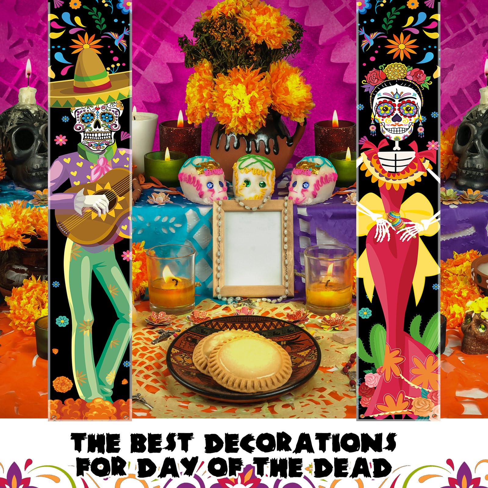 Preboun 3 Pcs Lighted Day of The Dead Porch Sign LED Mexican Halloween Decorations Dia De Los Muertos Day of The Dead Sugar Skull Marigold Flower Door Banner with Light for Halloween Party Decor