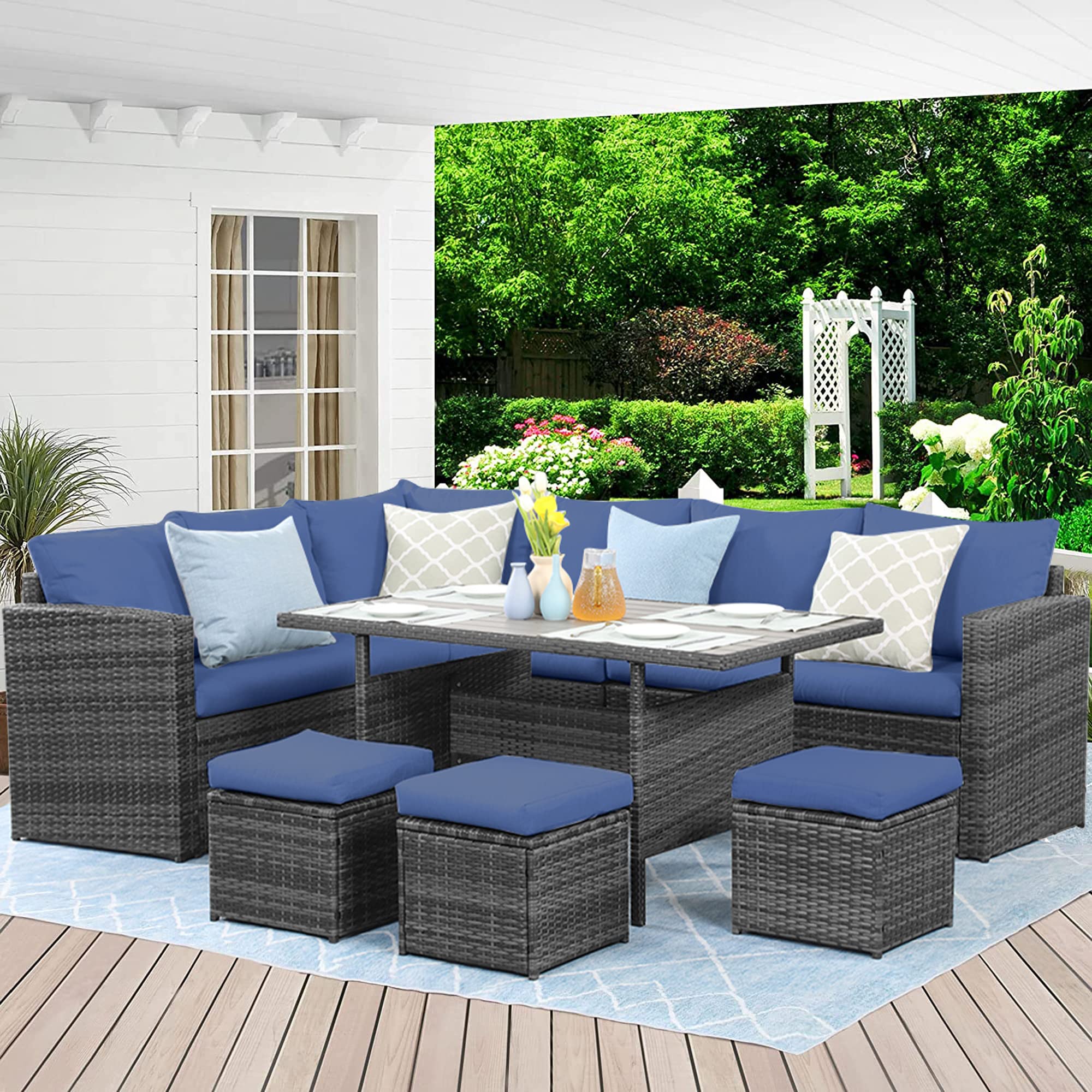 Wisteria Lane Outdoor Patio Furniture Set, 7 Piece Outdoor Dining Sectional Sofa with Dining Table and Chair, All Weather Wicker Conversation Set with Ottoman,Blue