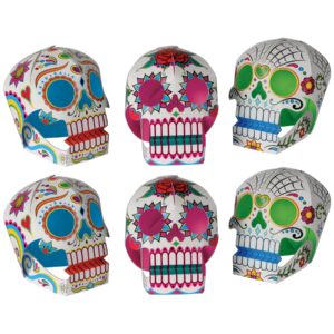 beistle 6 piece three dimensional sugar skull day of the dead centerpieces eye-catching dia de los muertos party decorations, made in usa since 1900, 5" x 4.5", multicolor