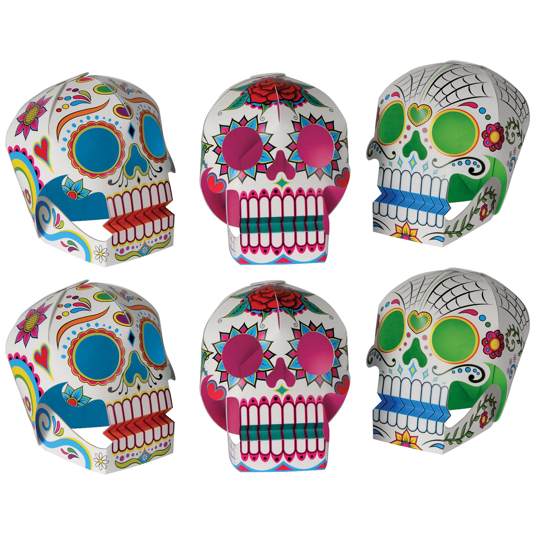 Beistle 6 Piece Three Dimensional Sugar Skull Day of The Dead Centerpieces Eye-Catching Dia De Los Muertos Party Decorations, Made in USA Since 1900, 5" x 4.5", Multicolor