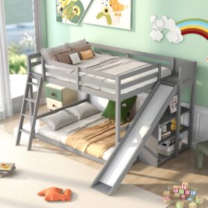 full over full bunk beds with slide and storage shelves, wood floor bunk beds frame, kids bunk bed for bedroom, teens dormitory (full loft bed with slide, gray)