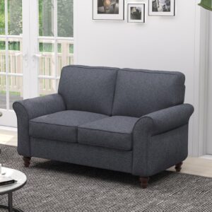 ebello modern linen fabric loveseat sofa, upholstered 2-seat sofa couch wood frame and sturdy legs for living room bedroom office, dark blue