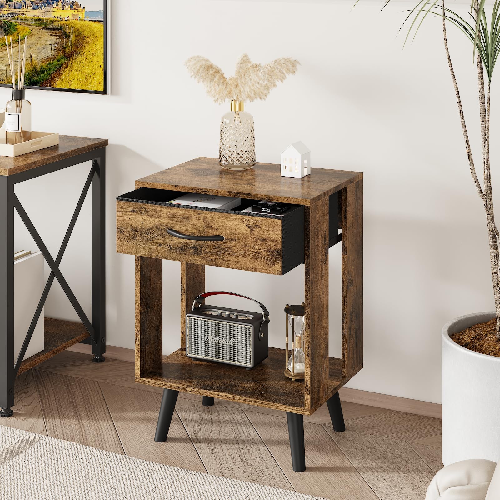 GYIIYUO Nightstand Set of 2 with Fabric Drawers and Open Shelves - Rustic Bedroom Side Tables