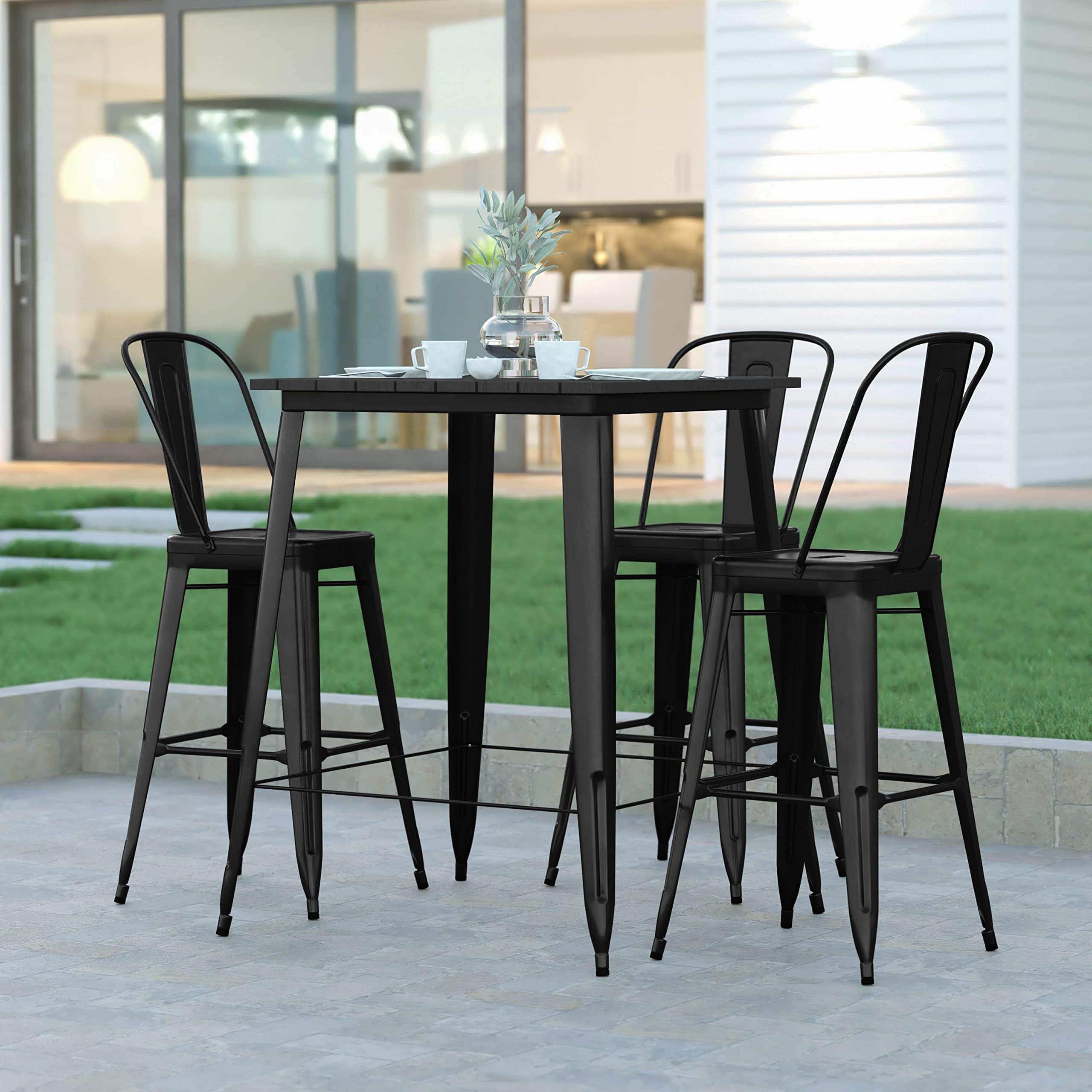 EMMA + OLIVER Drew Dining Table Bar Height - Black 31.5" Square Poly Resin Table Top - Black Steel Base - All-Weather for Indoor/Outdoor Use