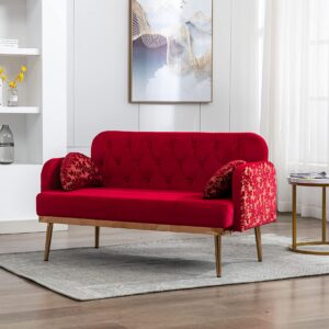 Small Velvet Couch, 55" Accent Sofa, Mid Century Modern Velvet Fabric Couch, Recliner Couch Accent Sofa Loveseat Sofa with Metal Feet, 600 Pounds Weight Capacity (Red, 55")