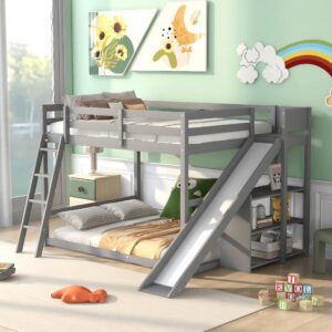 Full Over Full Bunk Beds with Slide and Storage Shelves, Wood Floor Bunk Beds Frame, Kids Bunk Bed for Bedroom, Teens Dormitory (Full Loft Bed with Slide, Gray)