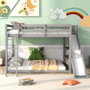 Full Over Full Bunk Beds with Slide and Storage Shelves, Wood Floor Bunk Beds Frame, Kids Bunk Bed for Bedroom, Teens Dormitory (Full Loft Bed with Slide, Gray)