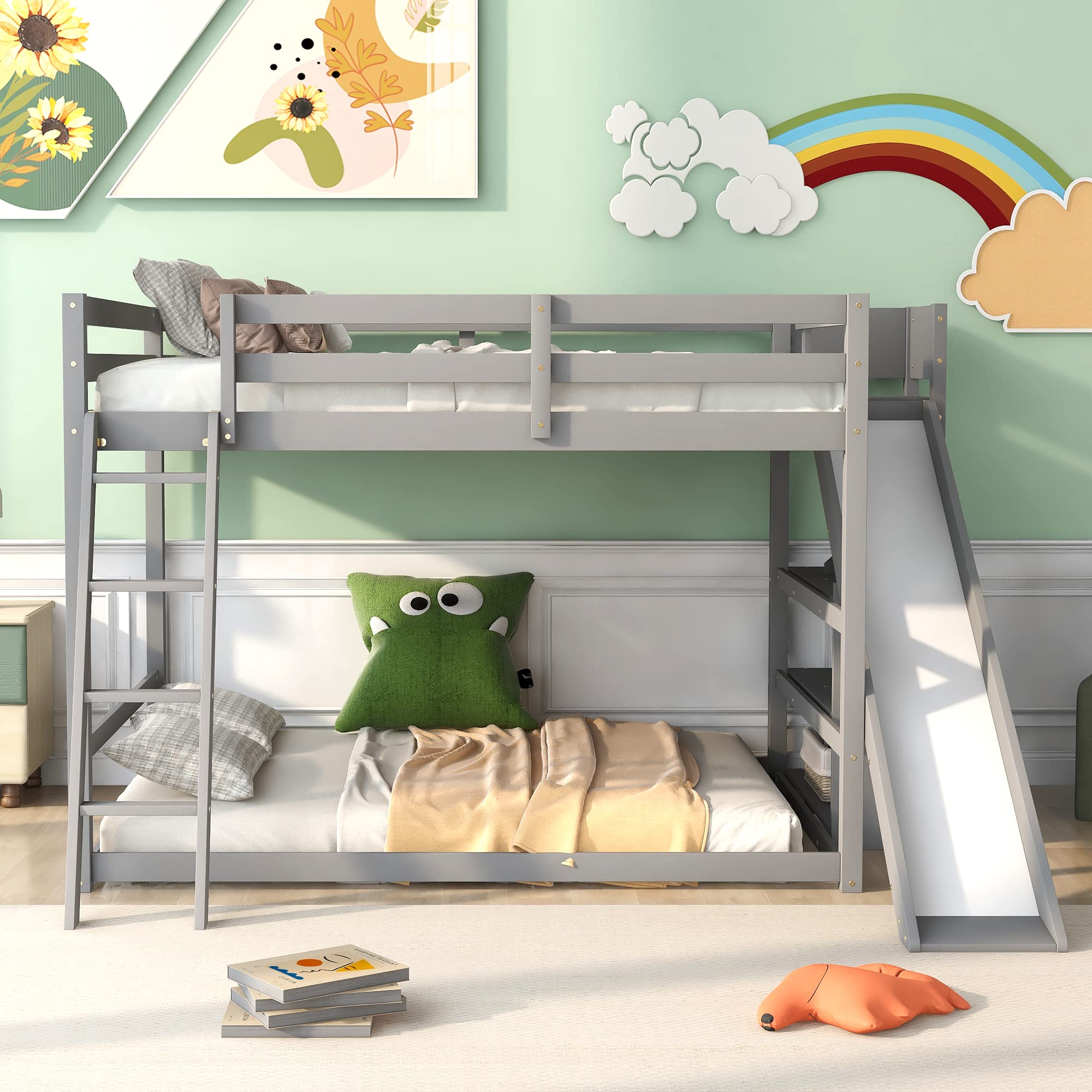 Full Over Full Bunk Beds with Slide and Storage Shelves, Wood Floor Bunk Beds Frame, Kids Bunk Bed for Bedroom, Teens Dormitory (Full Loft Bed with Slide, Gray)