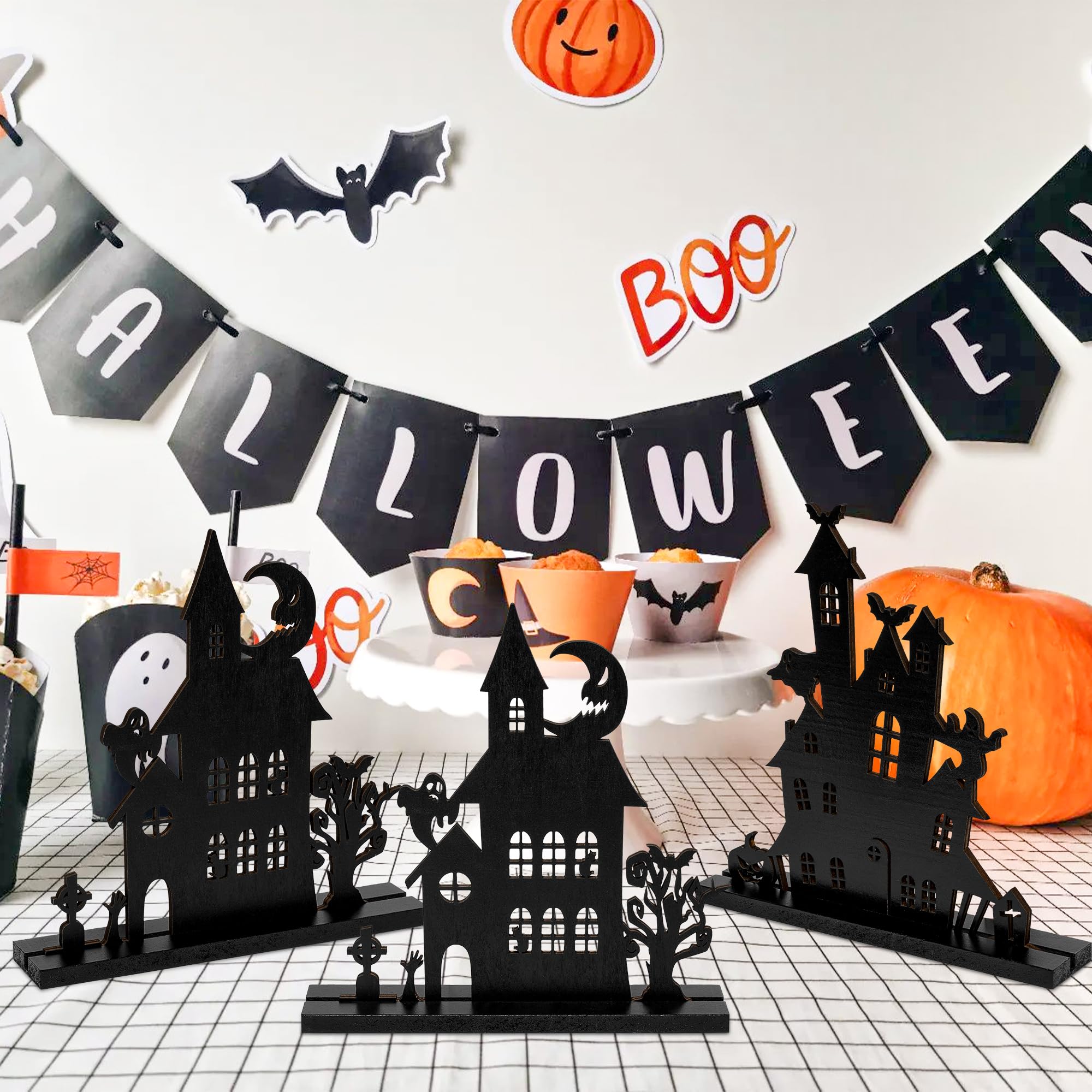 WATINC Halloween Wooden Centerpiece Decorations - 3Pcs Wood Silhouette Sketch Ghost House Tabletop Decor, Halloween Themed Black Pumpkin Boo Haunted House Detachable Table Topper for Home Kitchen