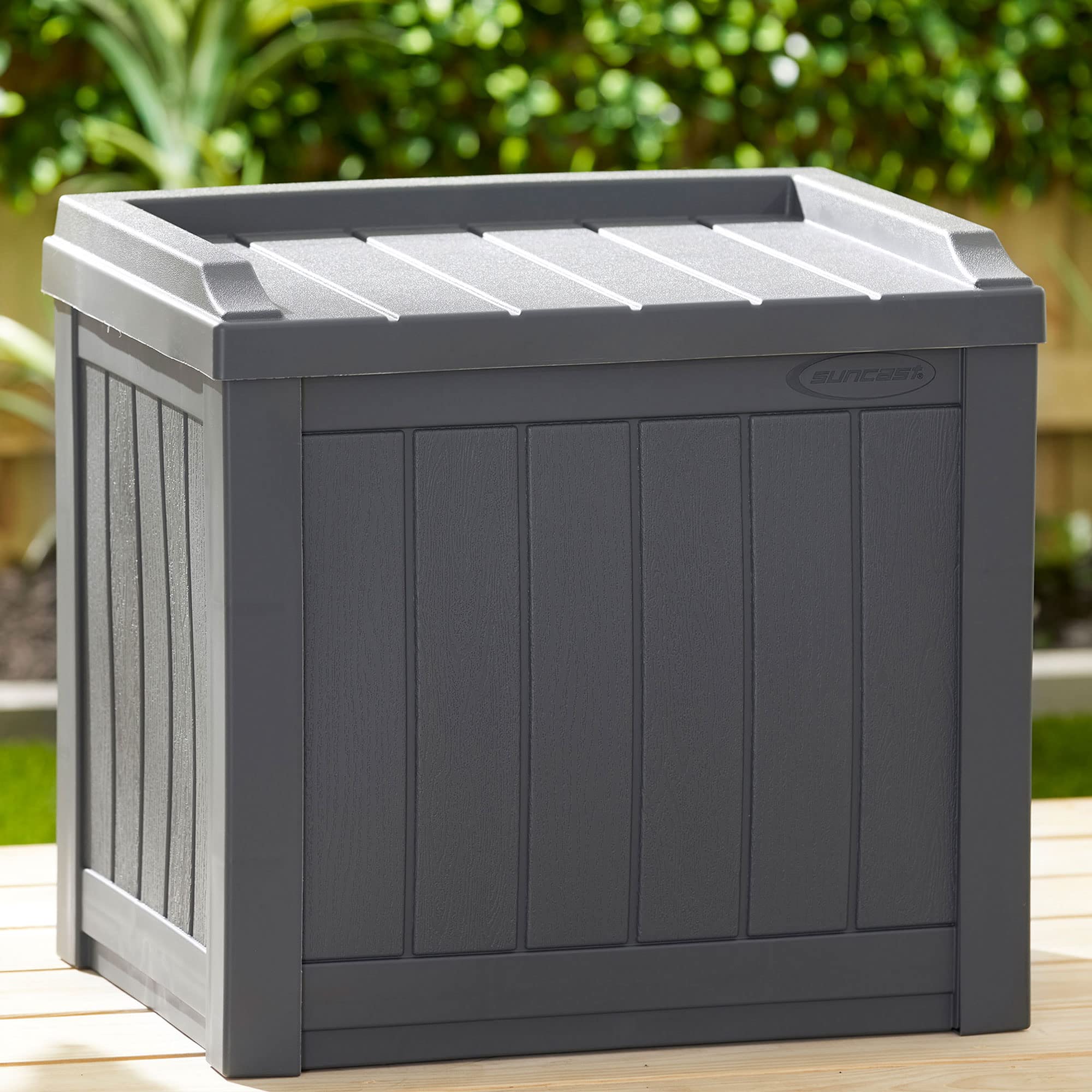 Suncast 22-Gallon Indoor or Outdoor Backyard Patio Small Storage Deck Box with Attractive Bench Seat and Reinforced Lid, Cyberspace (3 Pack)